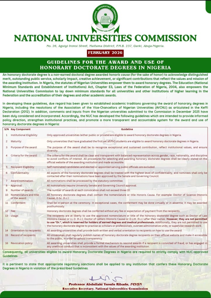 NUC sets strict rules for honorary doctorates to curb misuse in Nigerian 